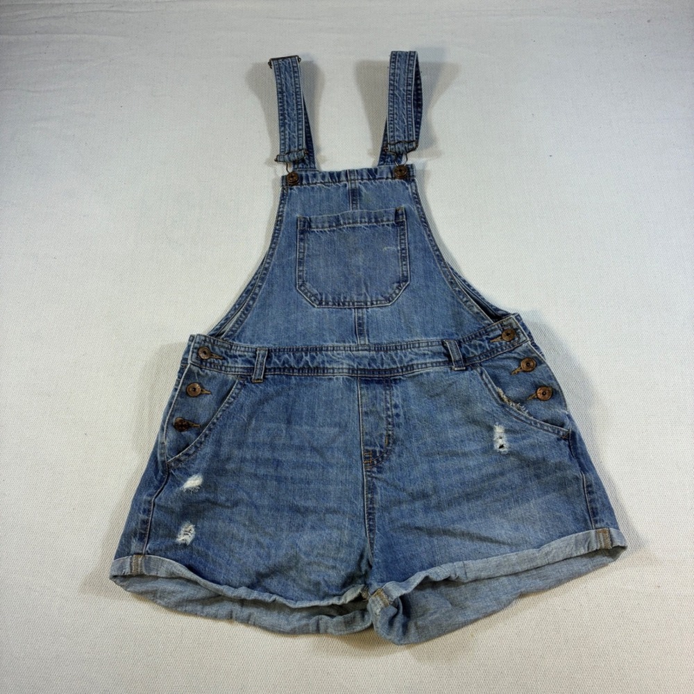 Vanilla Star Denim Overalls Shorts Womens Large Light Wash Distressed‎ Shortalls